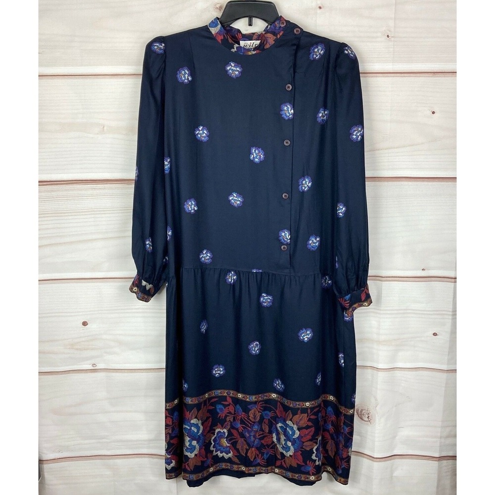 The Wilroy Traveler Vintage Dress Womens 20 Blue Floral Mock Neck Button Front
